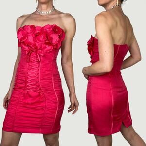 bebe 100% silk beaded floral corset ruched mini dress strapless barbie pink M